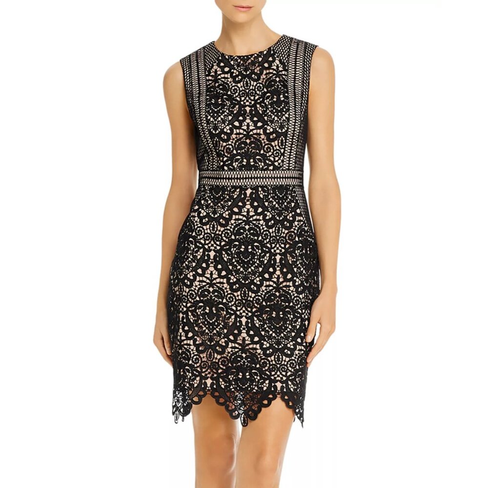 NWT Aidan by Aidan Mattox Womens Size 10 Black Scalloped Lace Sheath Dress NEW